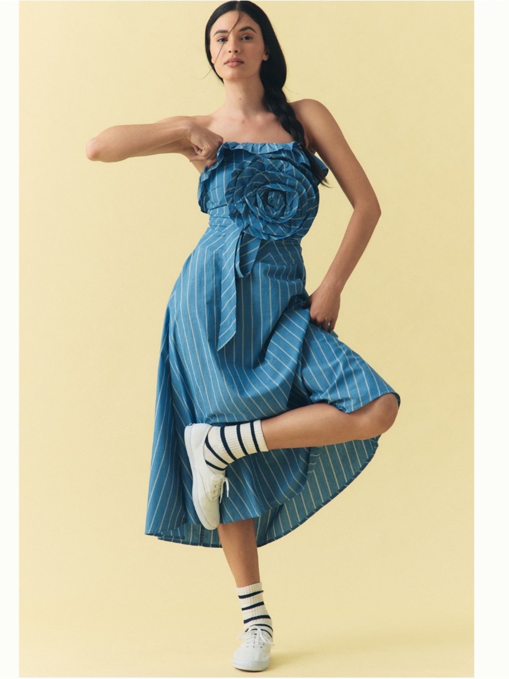 Nwt Anthropologie Blue Striped Midi Dress with Rosette Bust